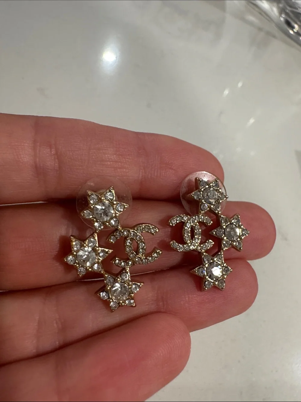 CHANEL Gold Crystal Star & CC Drop Earrings